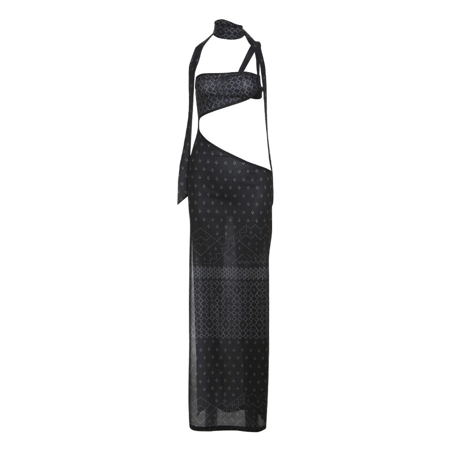 Drop Dress Halter See-Through Backless Waistless Stretch Maxi Bodycon