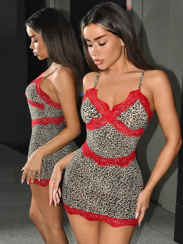 Leopard Print Dress Backless Red Lace Patchwork Sleeveless Stretch Bodycon