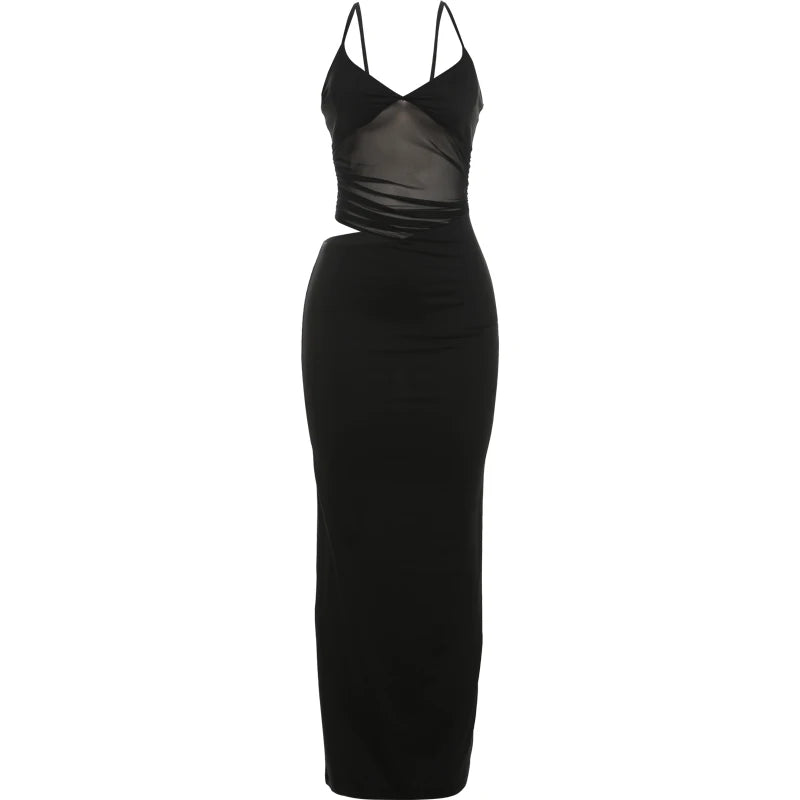 Mesh Patchwork Dress Backless Hollow Sleeveless Stretch Maxi Bodycon
