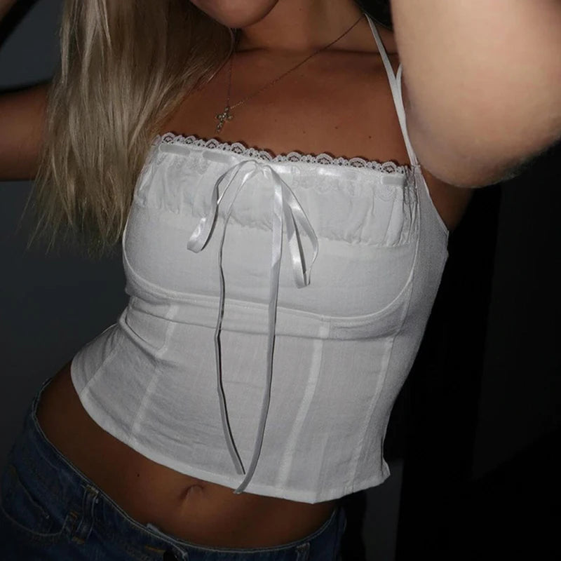 Slim Lace-up Cropped Shirts Sleeveless White Camisoles