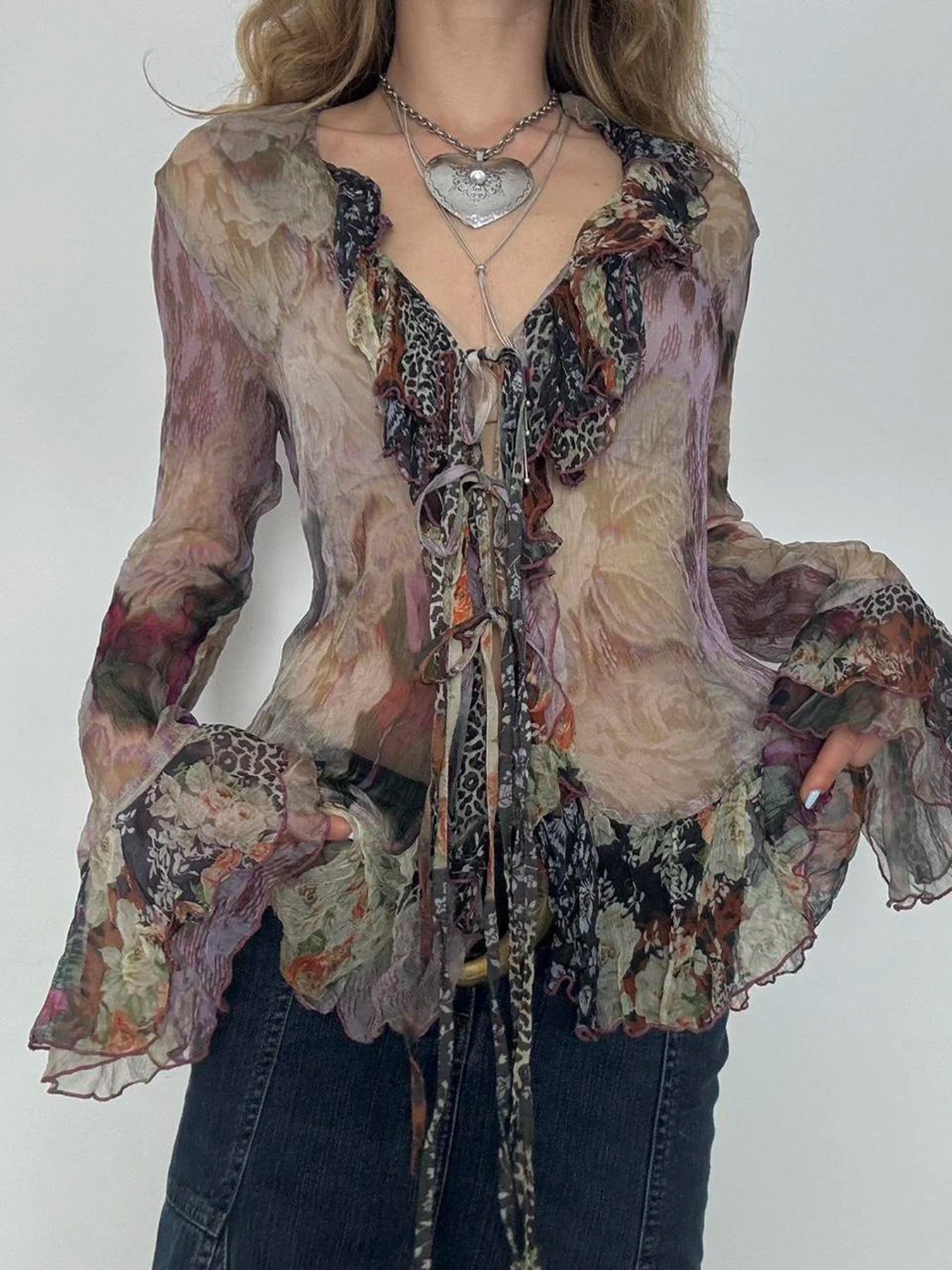 Tie Dye Shirt Ruffle Flare Sleeve Lace-up Retro See-through