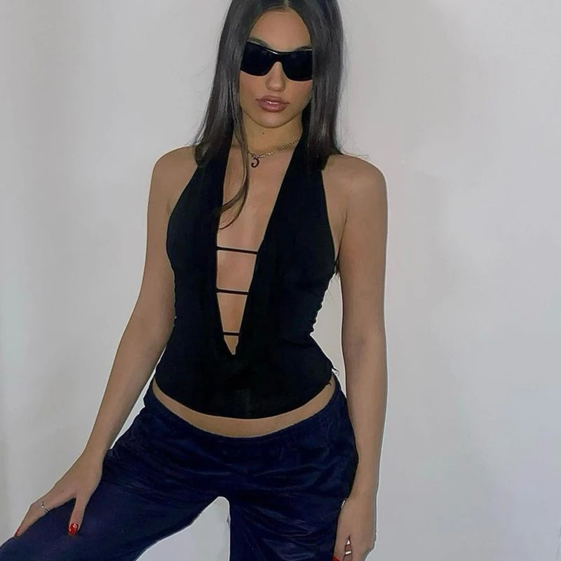 Deep V-neck Halter Top Sleeveless Hollow Out Crop Top Grunge Bandage Camis