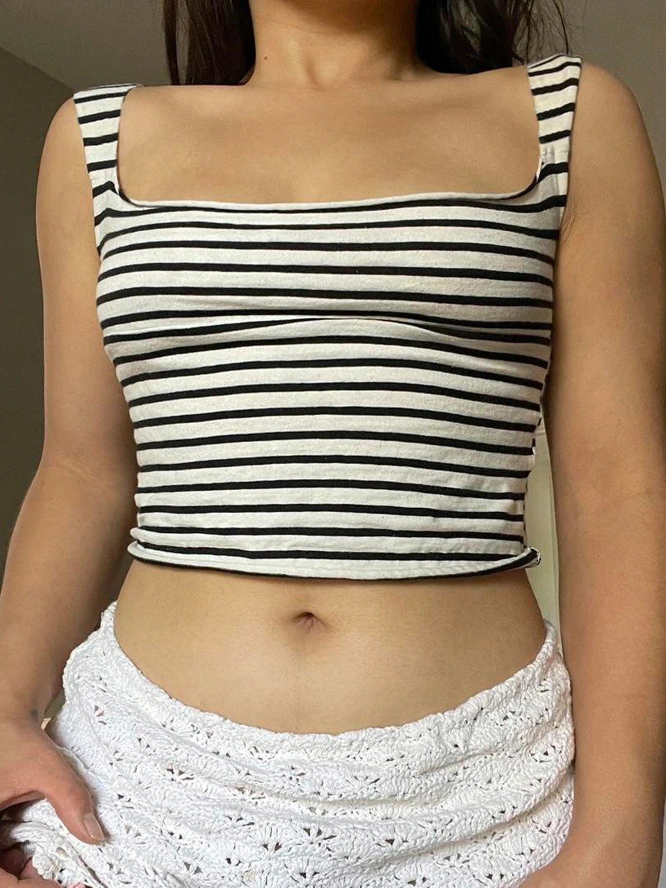 Retro Striped Print Tank Top Crop Shirts Slim Fairycore