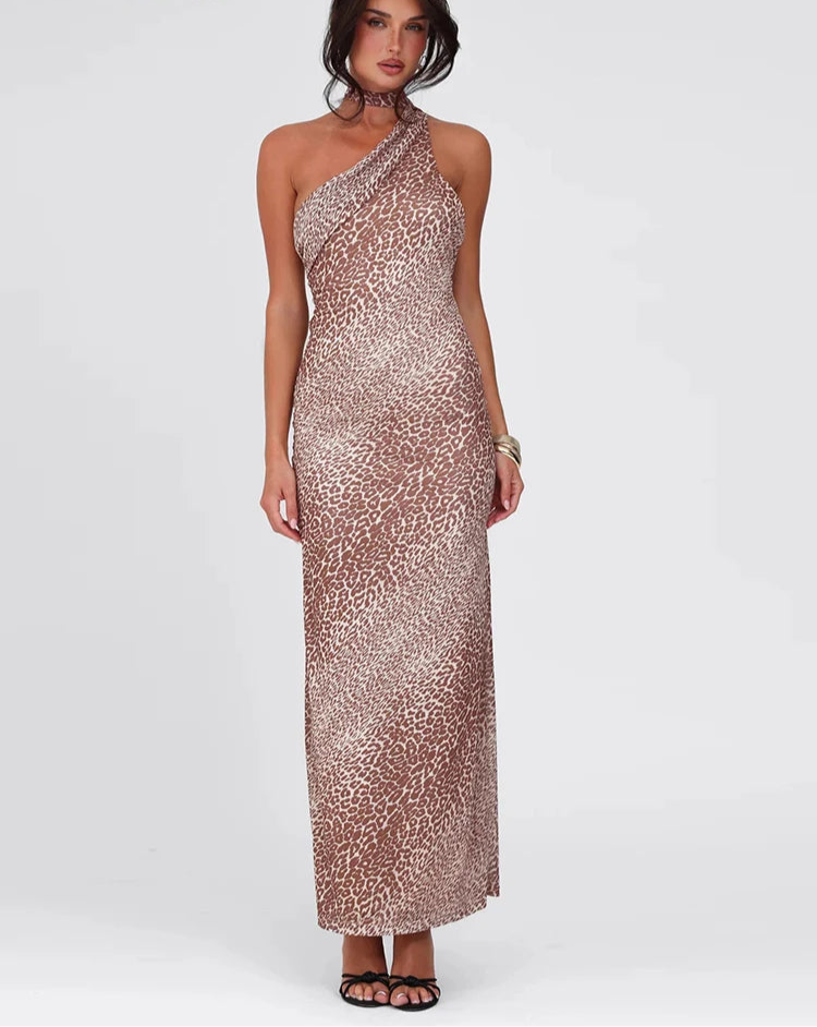 Leopard Irregular Halter Lace-Up Backless Long Bodycon Dress