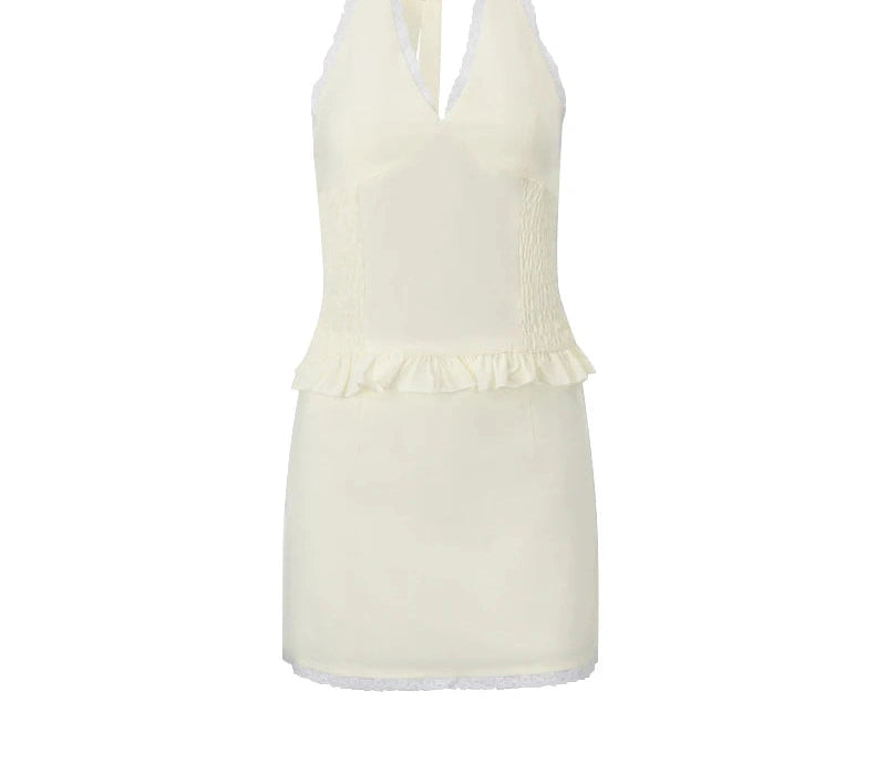 Backless Lace Sleeveless Crop Top Mini Skirt Two Piece Set