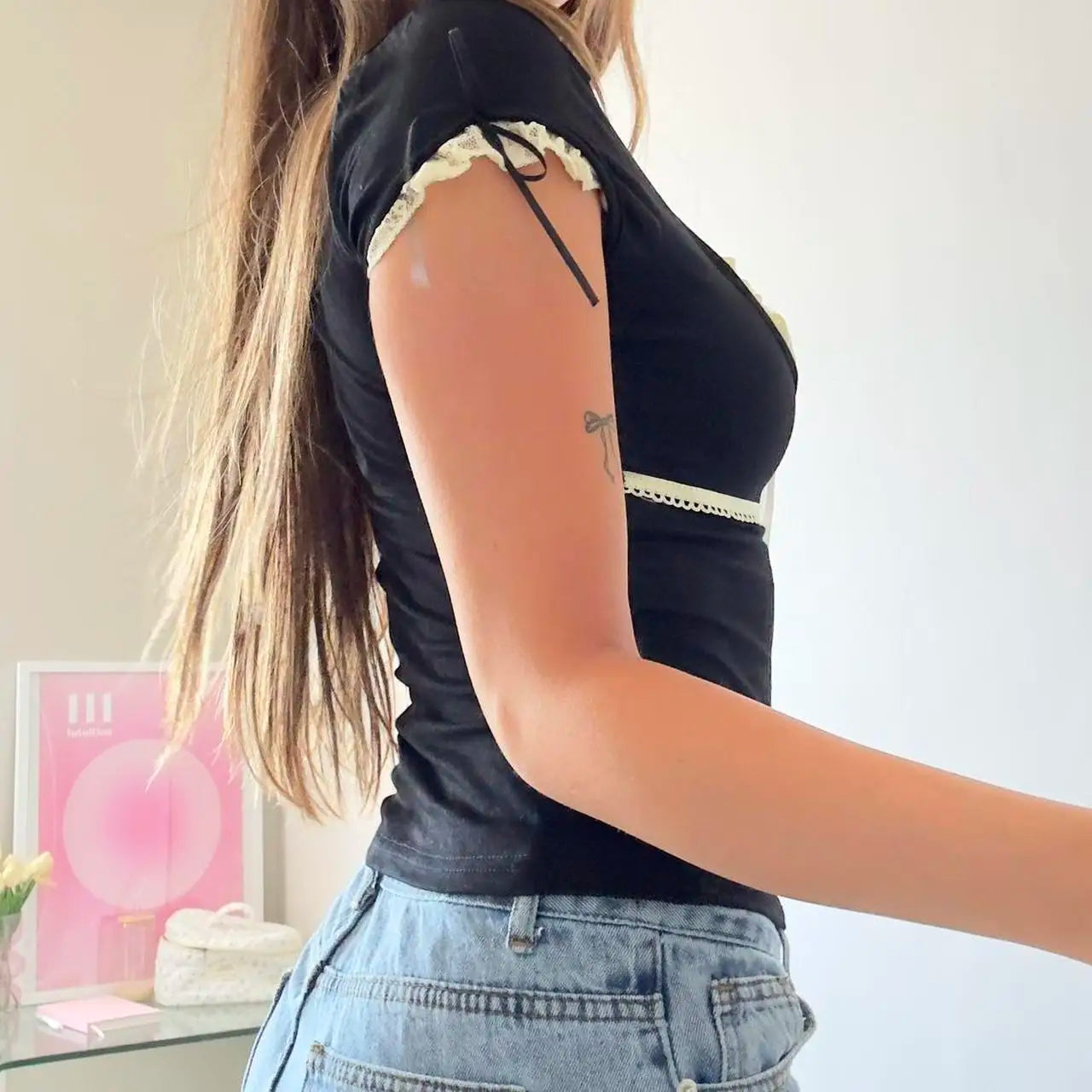 Square Collar Lace Kawaii Top Fairycore Patchwork Grunge Slim Tee Shirts
