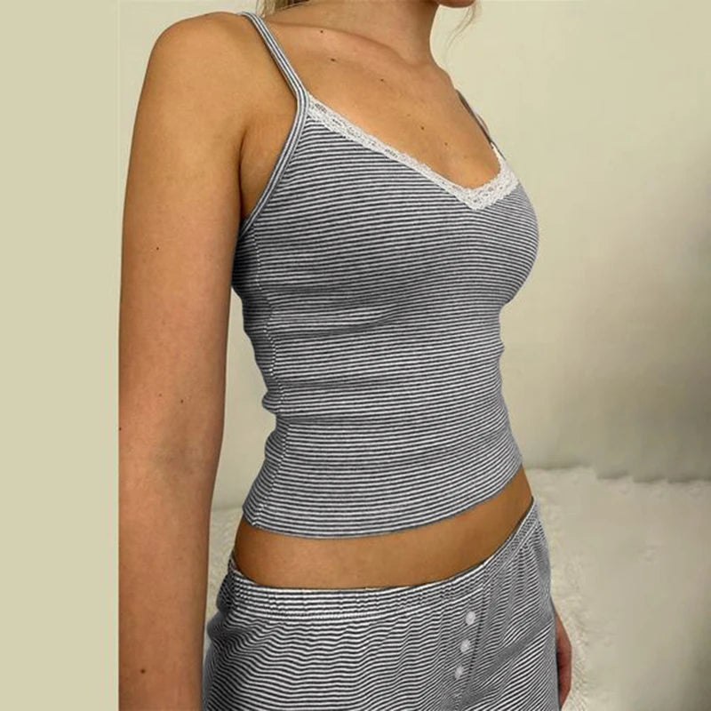 Strip Lace Patchwork Two Piece of Set Slim Camiole and Short
