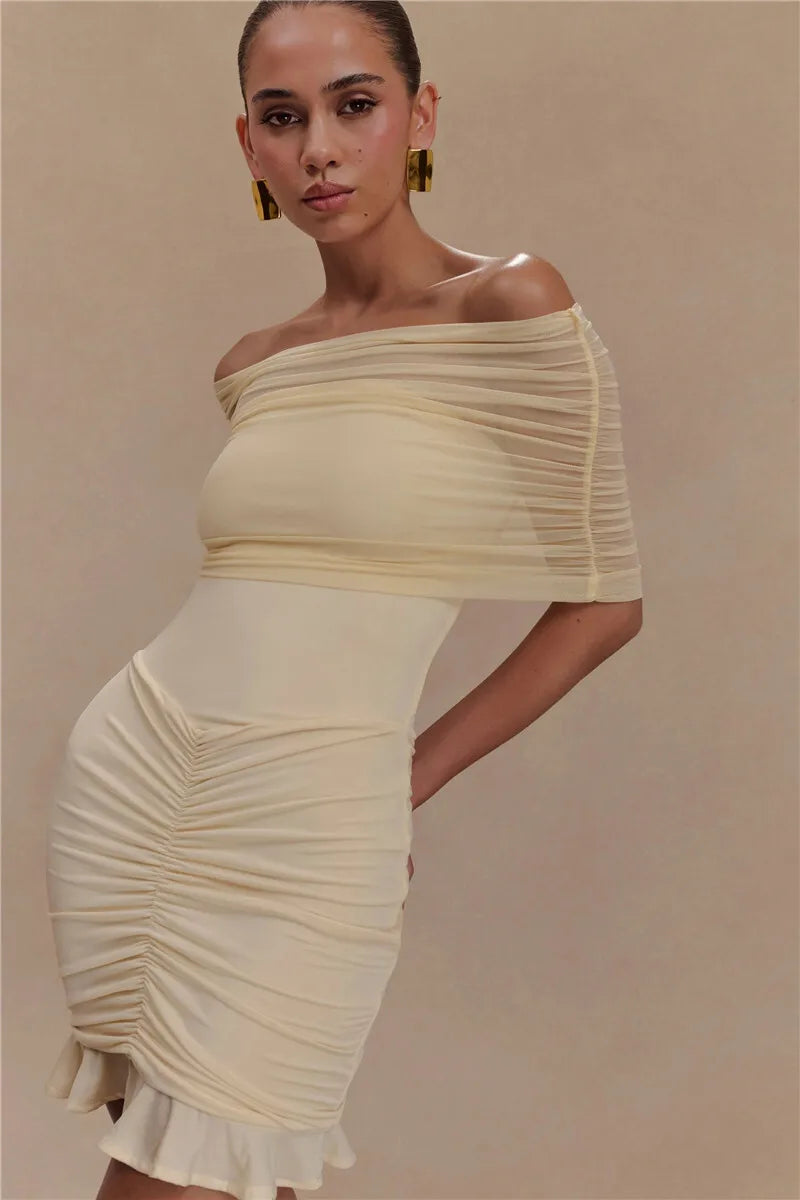 Mesh Strapless Off-shoulder Ruffled Mini Dress Backless High Waist Ruched Dress