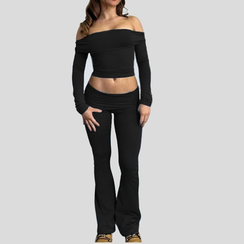 Slash Neck Top and Pants Sets 's Two Pieces Of Slim