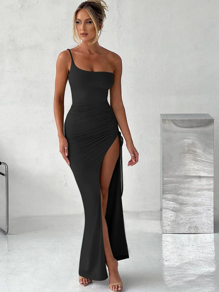 Drawstring High Slit Dress One Shoulder Slim Maxi Bodycon Pleated Dresses