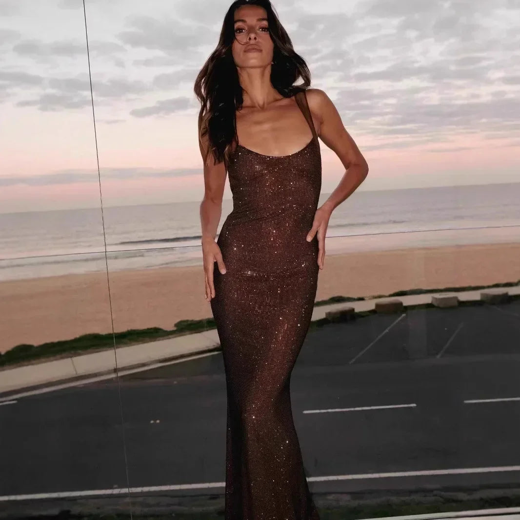 Sequins Sleeveless Maxi Dress for Luxury Long mal Occasion Dress Shiny Backless Evening Gala Dresses