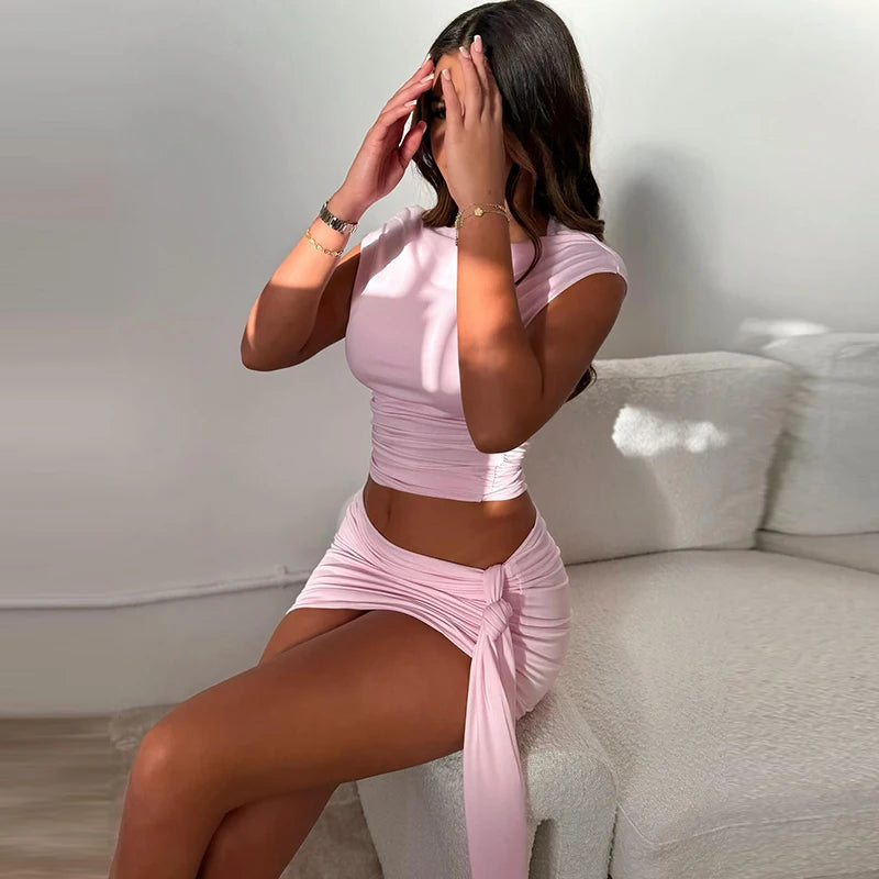 Solid Color Pleated Backless Twopiece Set Off Shoulder Mini Shkirt Set Evening 2 Pieces