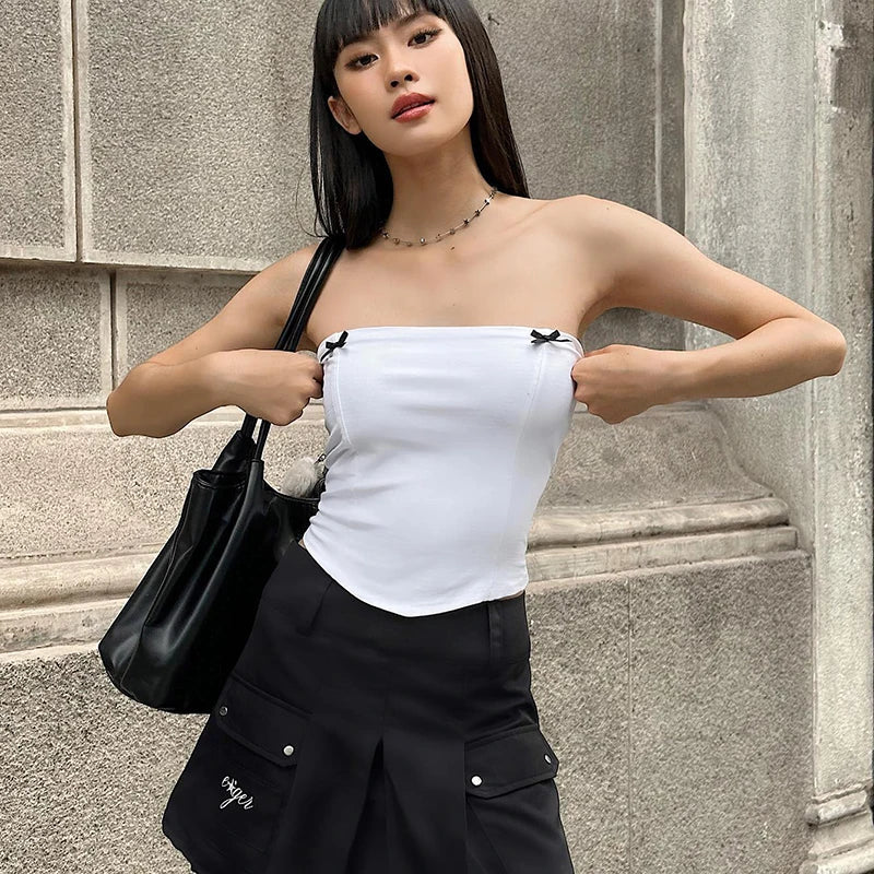 White Bustier Slim Bow Tank Top