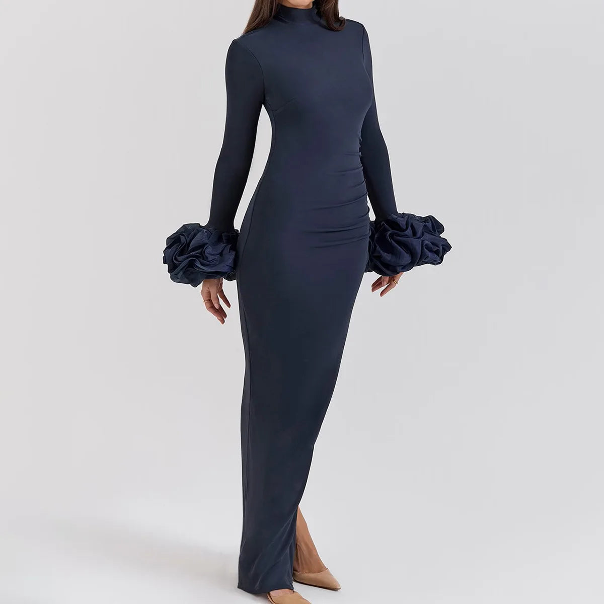 Long Sleeve Dresses Flare Sleeve Long One-piece Dress Gown Stretchy Cocktail Dress