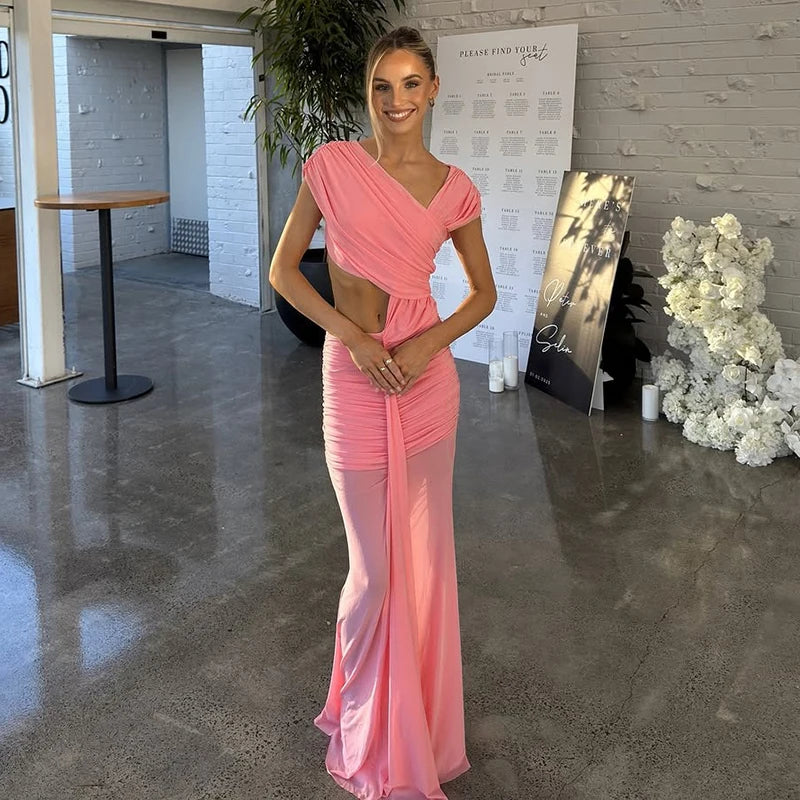 Color Pleated Slant Shoulder Sleeveless Strap Hollow Out Dress Celebrity
