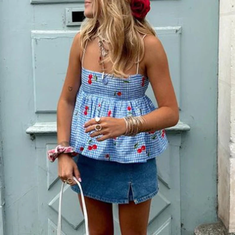 Fairycore Backless Tie Up Crop Tops Cherry Plaid Peplum Camisole Sweet Cute Milkmaid Tank Vest