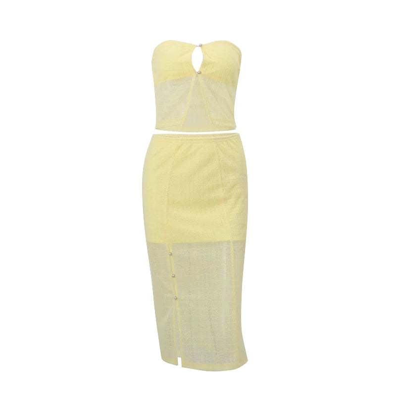 Yellow Strapless Crop Top and High Waist Midi Skirt Set