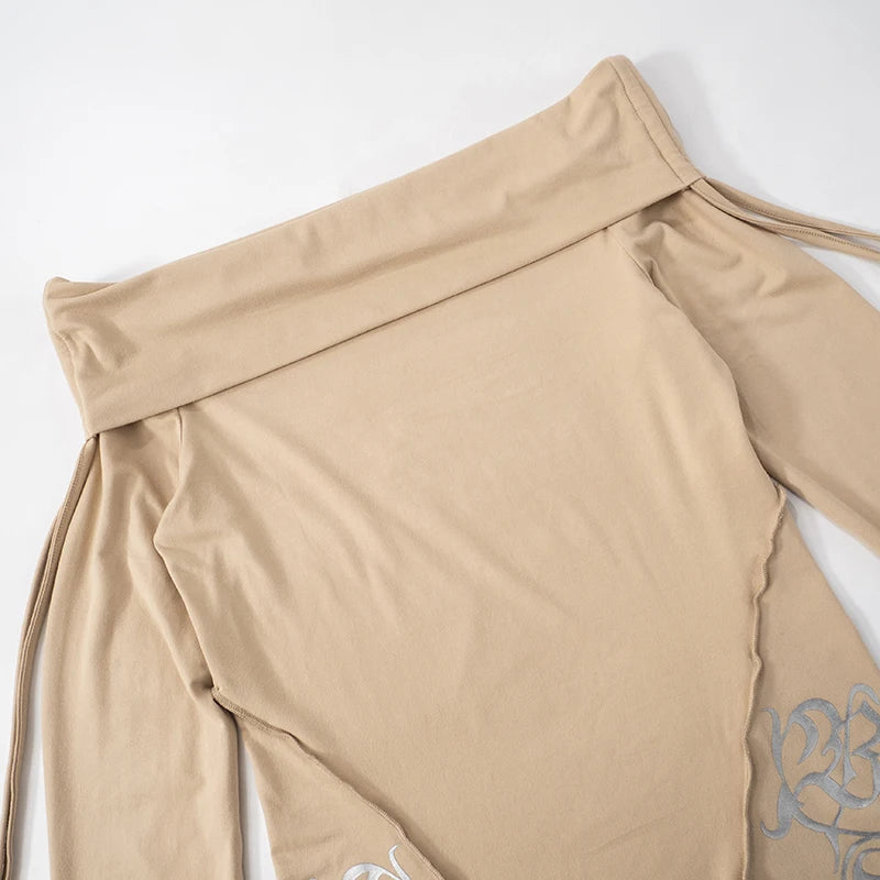 Khaki Off Shoulder Pleated Long Sleeve Top