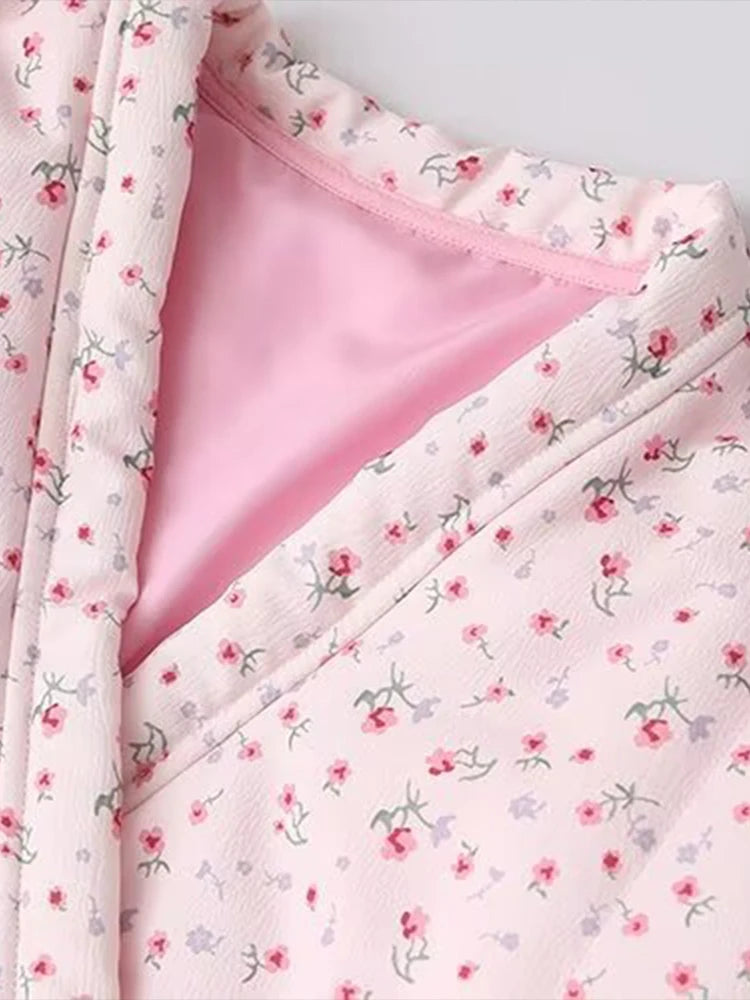 Pink Floral V Neck Cotton Jacket