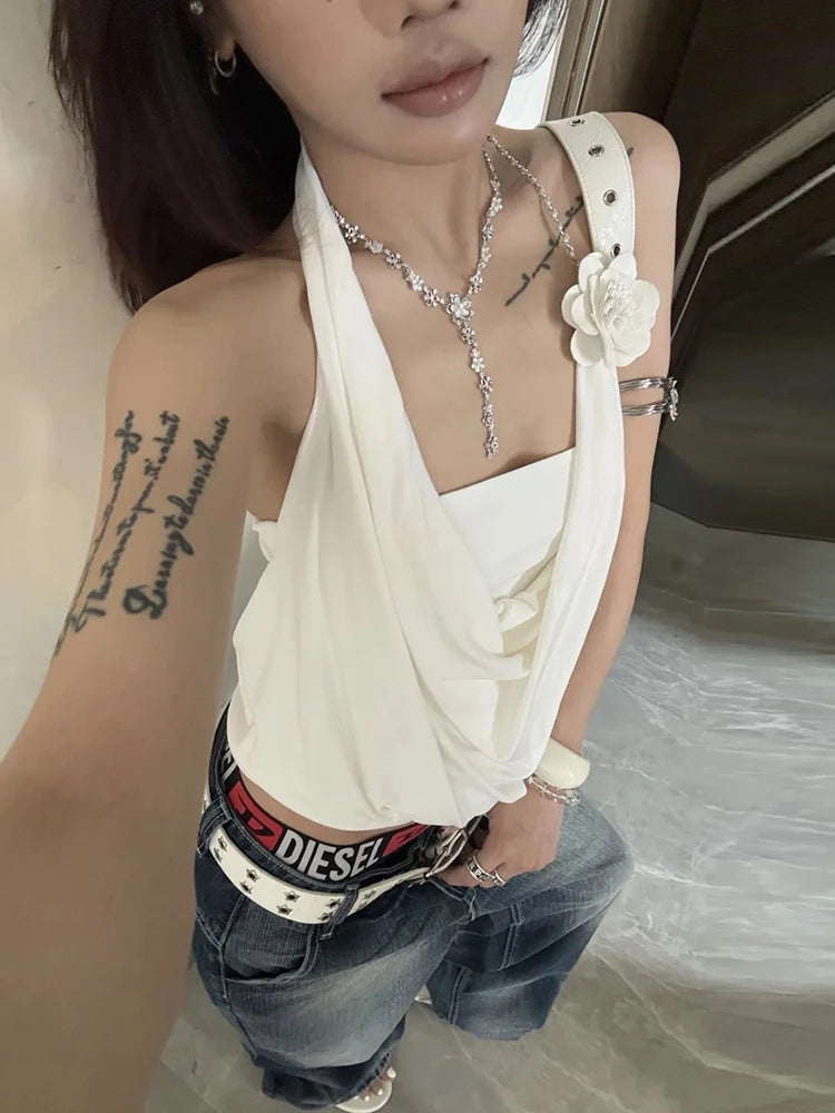 Sweet Two Tops Mini Wrap Halter Top with 3D Flowers