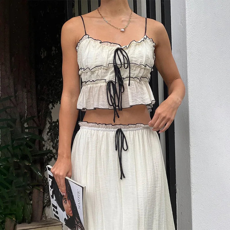 White Mesh See-Through Top and Maxi Skirt Set