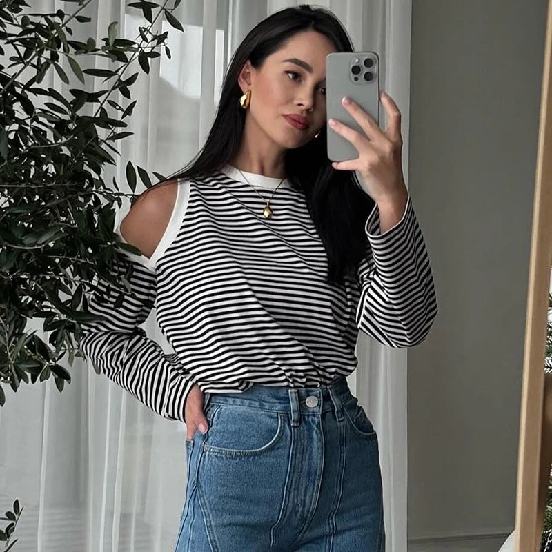 Strip Contrast Off-Shoulder Long Sleeve Top