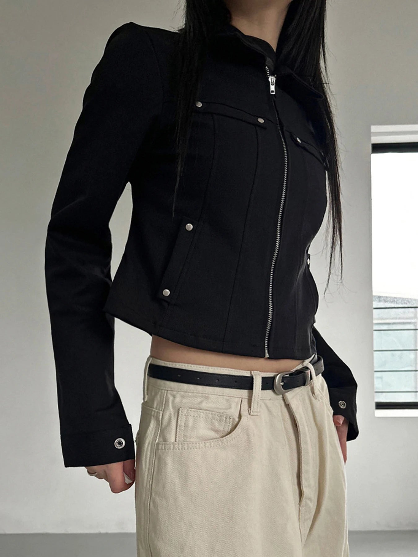 's Rivet Jacket Black Zip-Up with Pockets Long Sleeve Coats Cropped Design