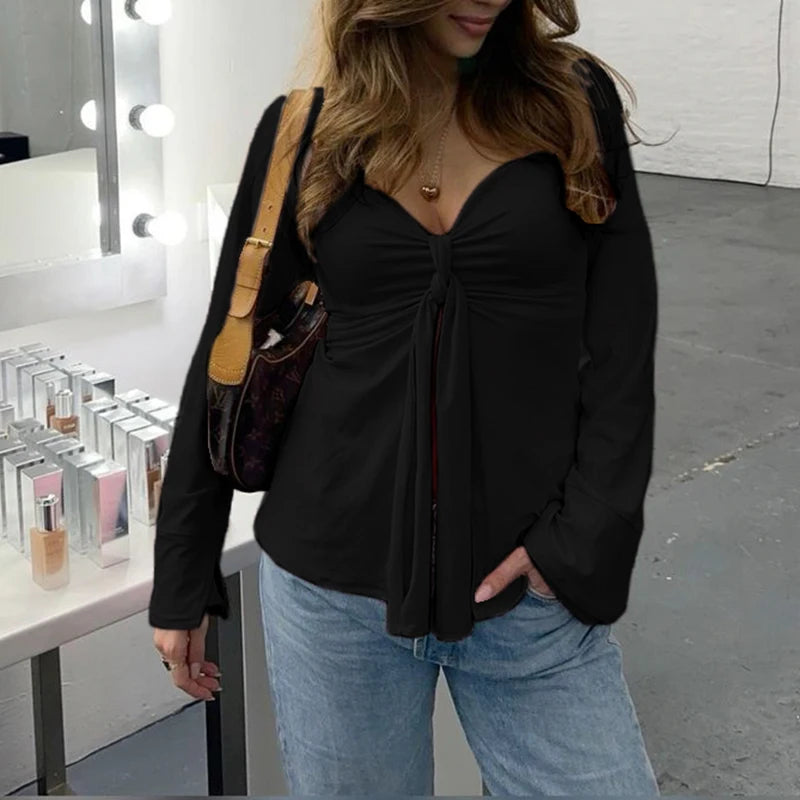 Front Lace-up Black Shirt Long Sleeve