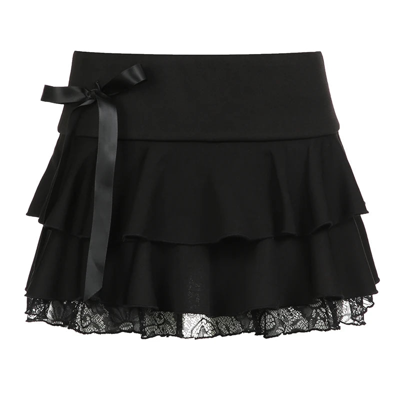 Gothic Black Mini Skirts Lace Patchwork A-line Bottoms Lace-up Kawaii Skirts