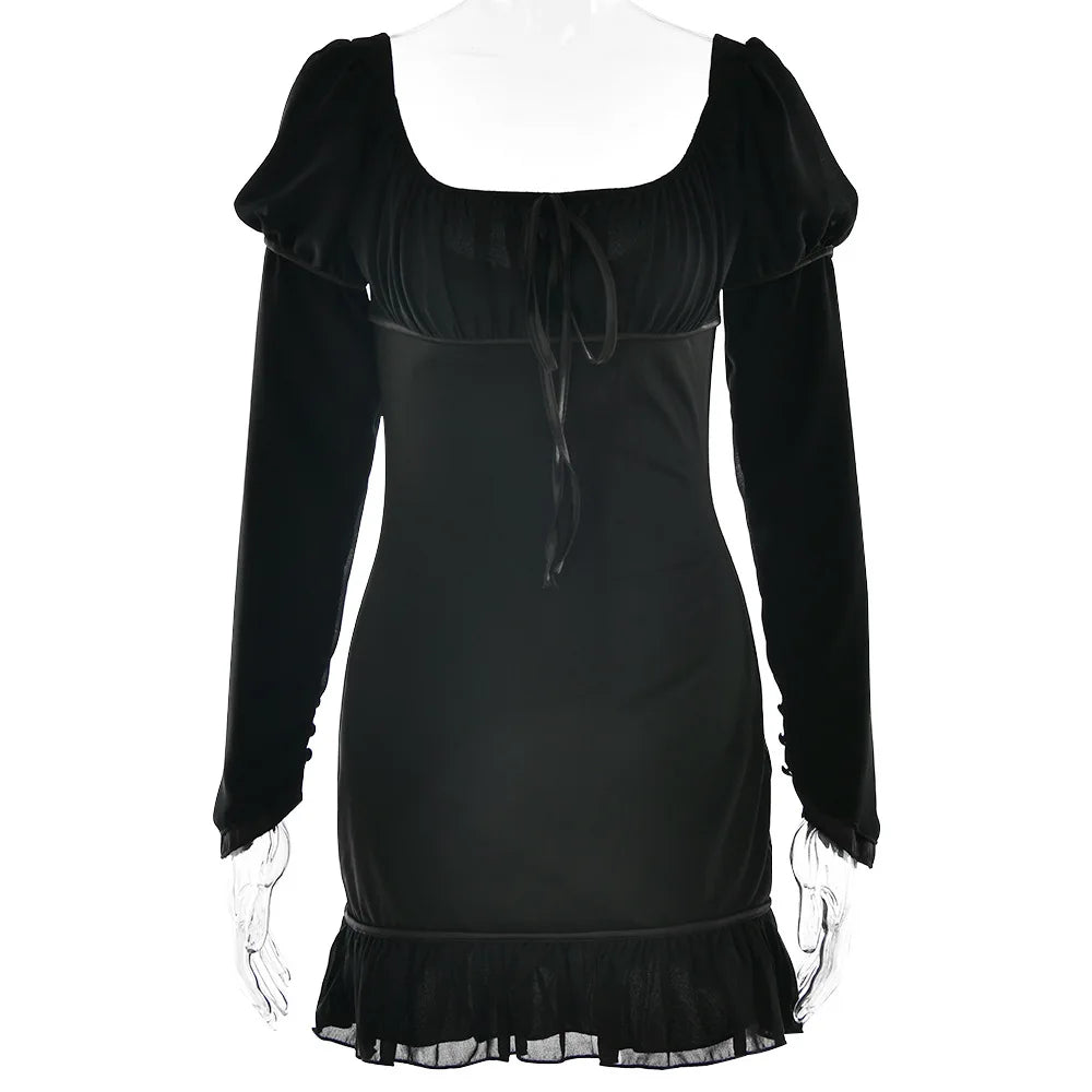 Square Collar Ruffles Chiffon Dress Long Sleeve Lace Up Dress