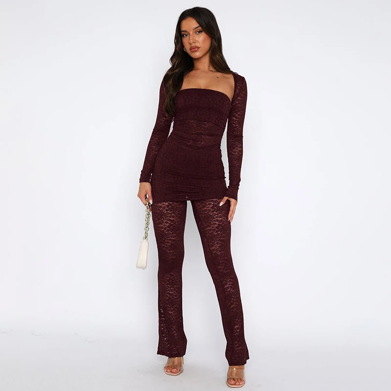 Burt Multicolor Lace See-Through Set Butier Long-Sleev Shawl Top Micro Pant Set
