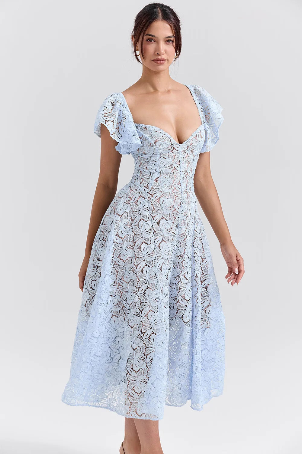 Blue Lace Flare Sleeve Dress