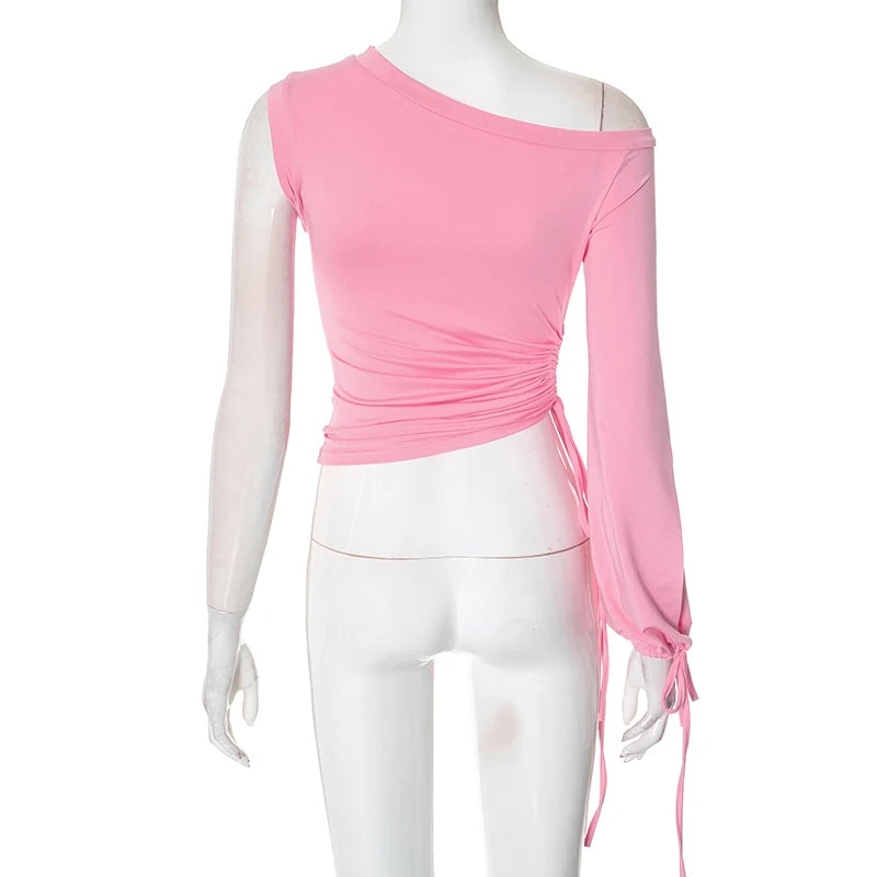 Slah Collar Straple Irregular Shrinking Drawtring Waitle Single Sleeve Short Top T-Shirt