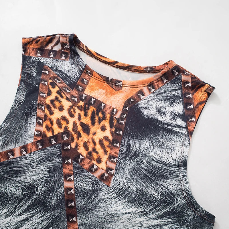 Spring/ Leopard Print Sleeveless Tank Top Mini Shorts Exposed Navel Shorts Set