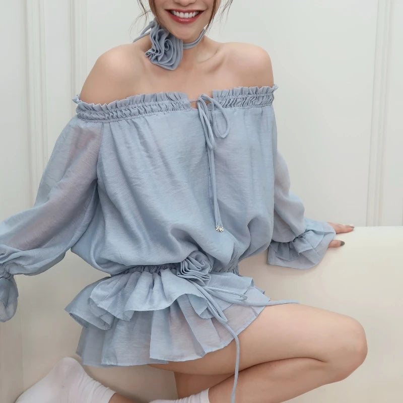 Mesh Ruffles Mini Dress Sheer Sleeve Slash Neck Slim Flower Lace Up Dress Street
