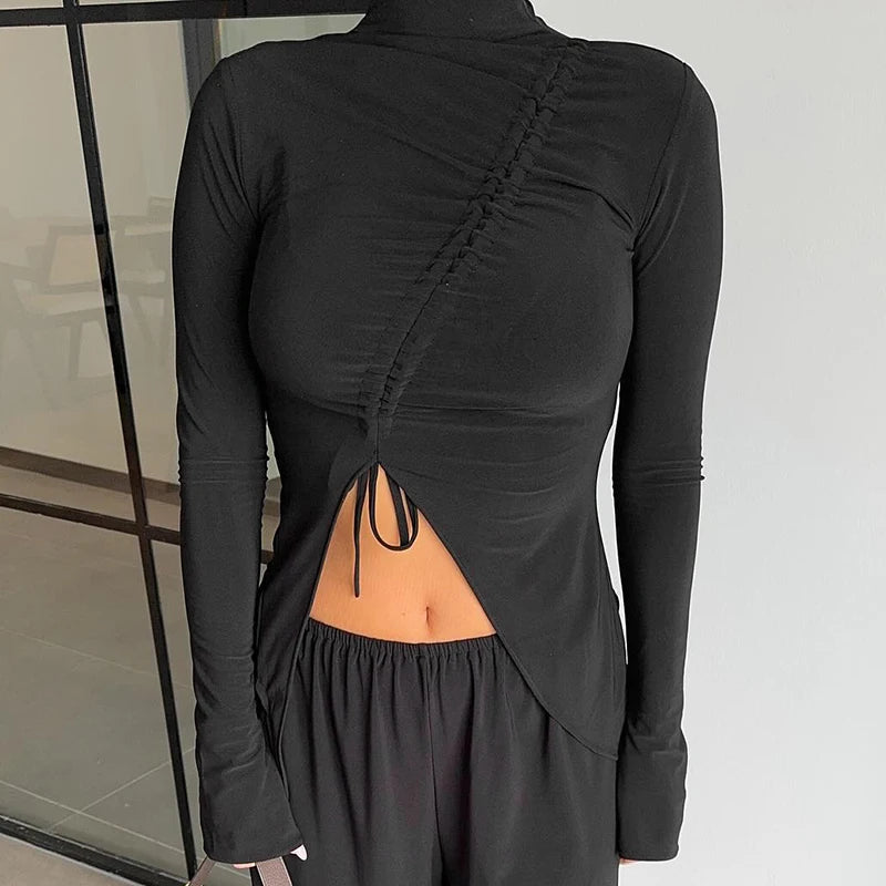 Half Neck Collar Long Sleeve Top Irregular Deign Drawtring Wrinkle Crop Top Skintight