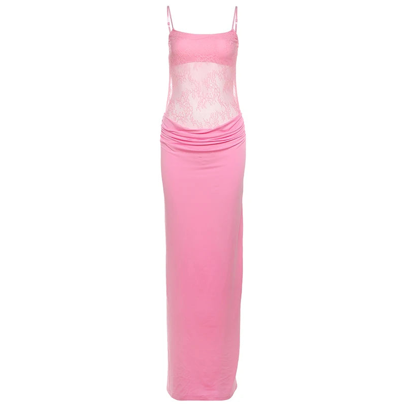 Pink Ruched Patchwork Mesh Bodycon Midi Dress