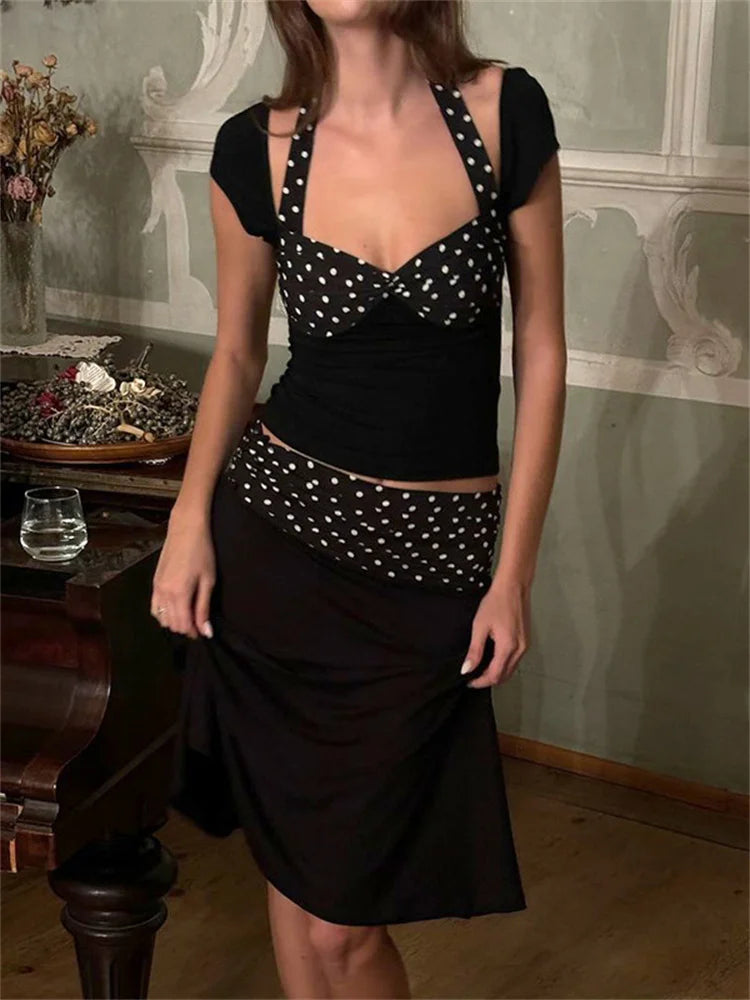 Patchwork 2 Piece-Set MIni Skirt Lace-Up Contrast Backless Cropped Top And High Waist Skirt Sets