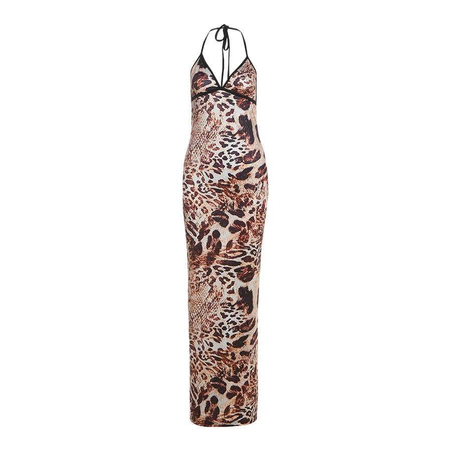 Maxi Dress Backless Coquette v-Neck Snake Print Sleeveless Skinny