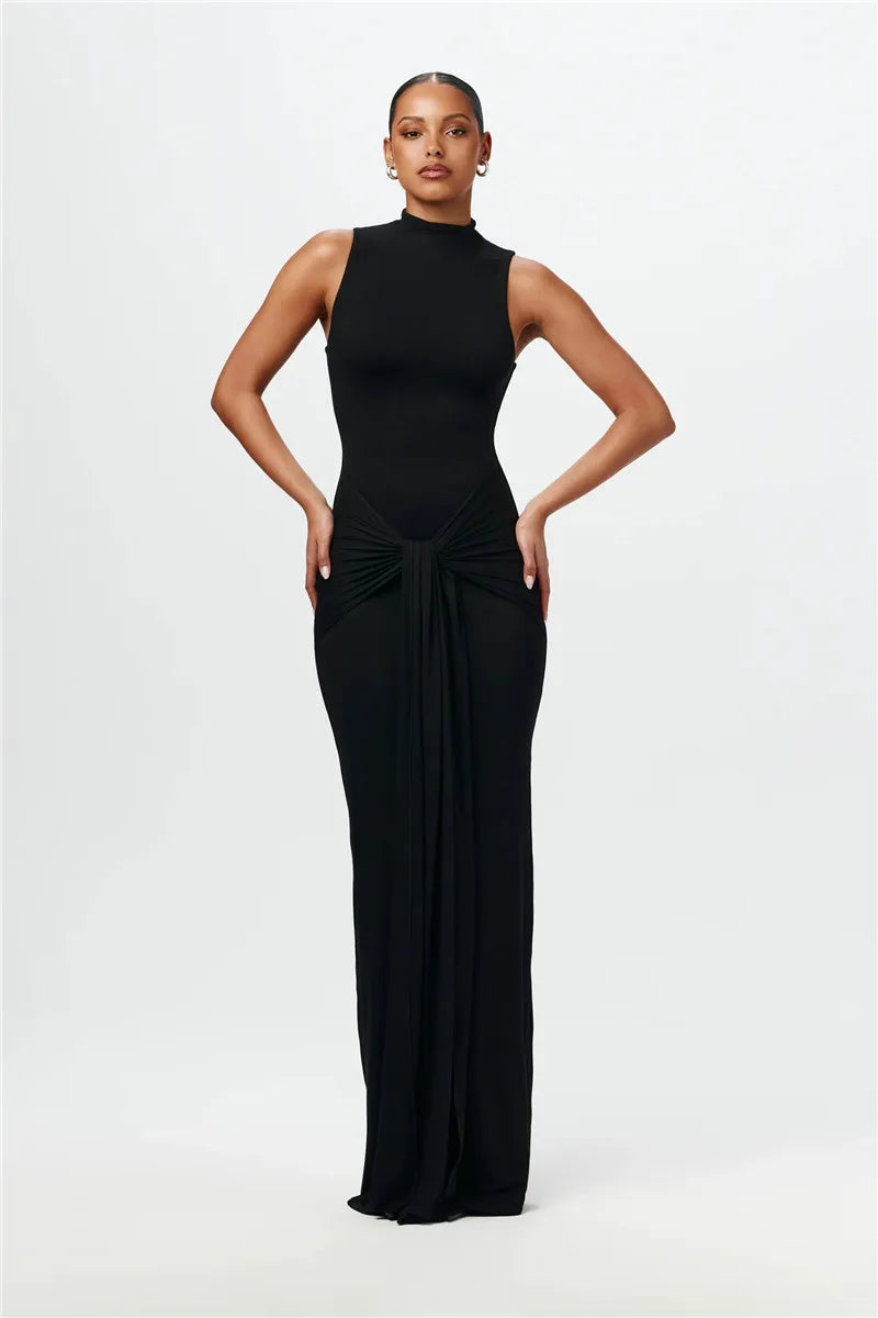 Half High Collar Irregular Tank Dress Sleeveless Bodycon Ruched Long Dress