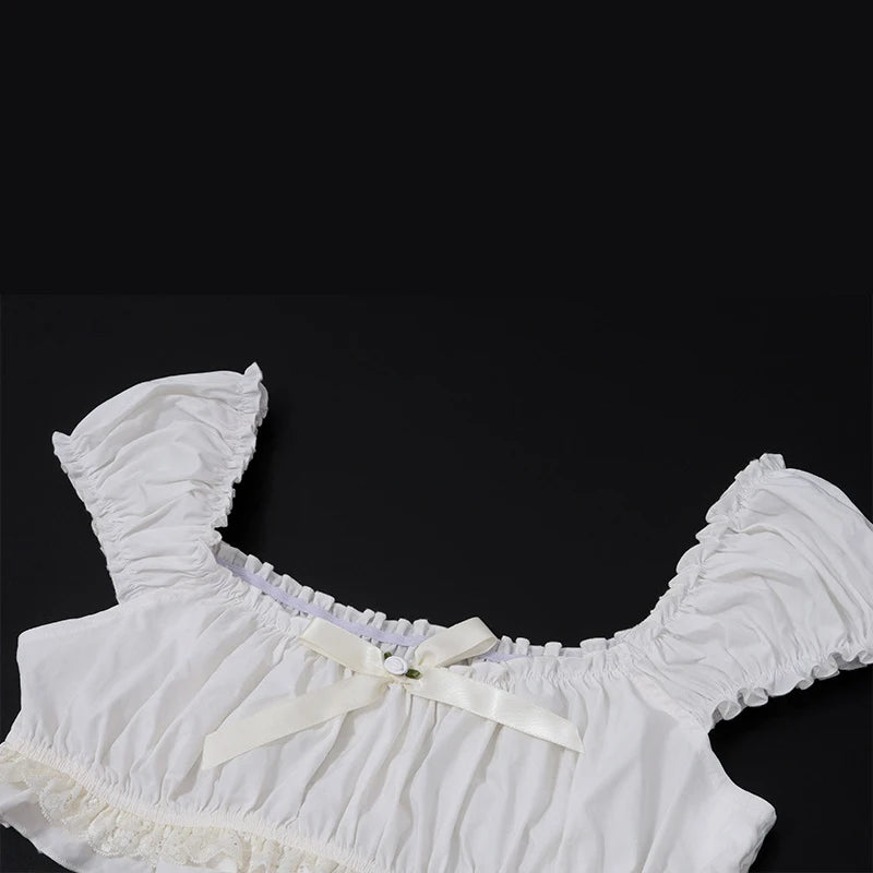 Fairycore Set 00s Bow Trim Off Shoulder Crop Tops T-shirt Ruffled Layered Mini Skirt
