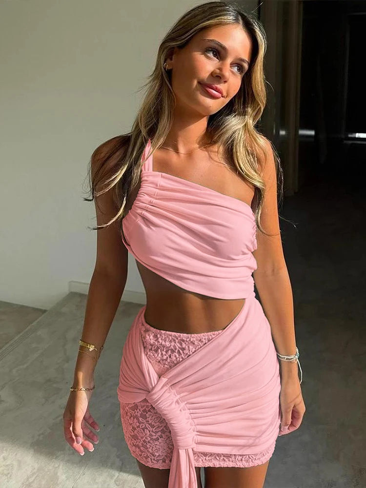 Unique Patchwork Skirt Set Slah Neck Shirring Irregular Top Lace Hip Skirt 2 Piece