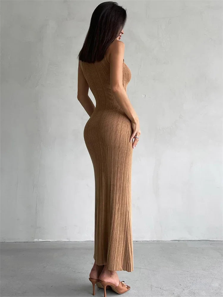 Sleeveless Knit Turtleneck Long Dress Slim Ribbed Knit Dress Maxi Dress