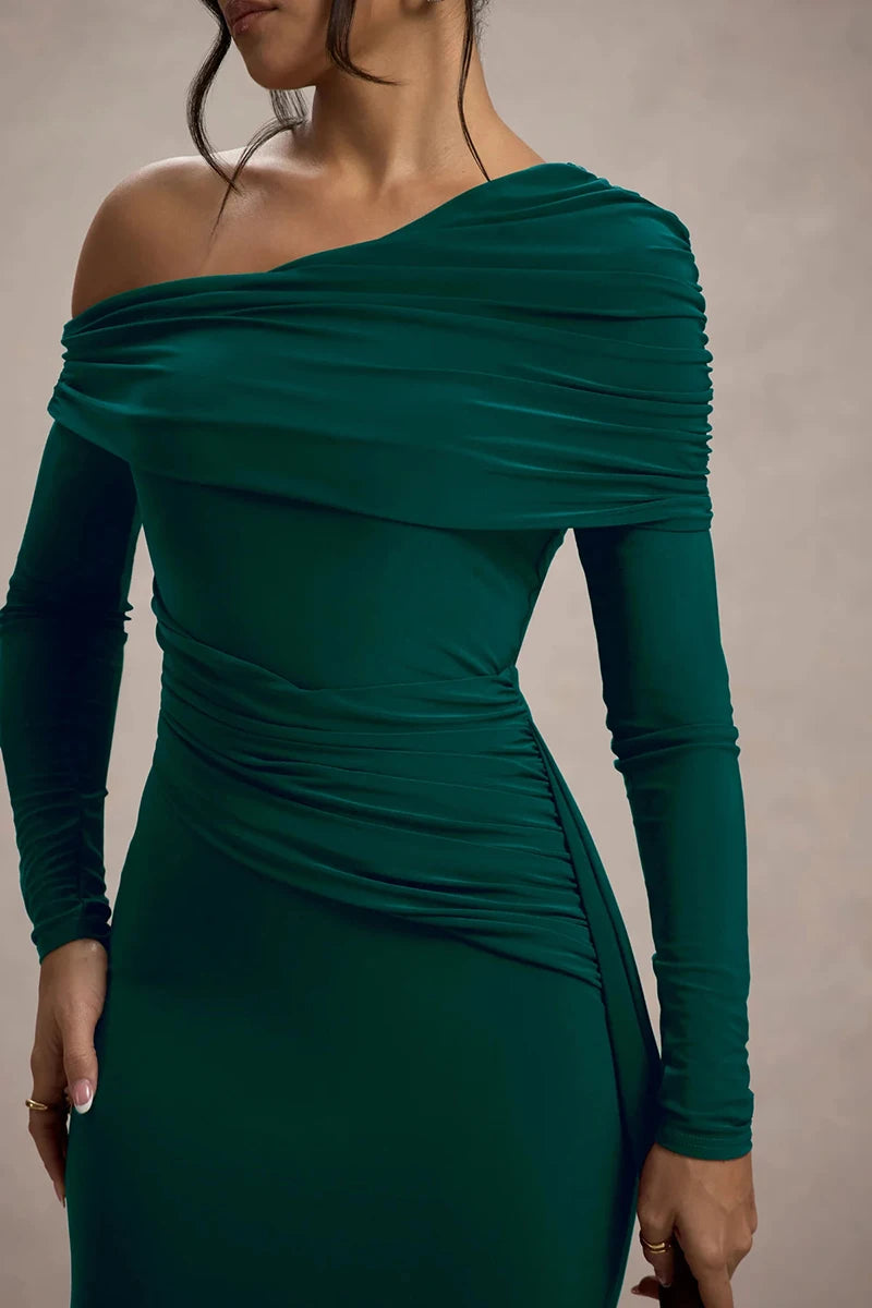 Skew Collar Long Sleeve Maxi Dress Gown Backless Draped Ruched Bodycon Long Dress