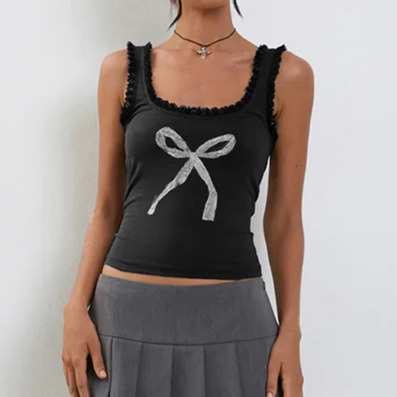 Bow Print sweet Camis Sleeveless Lacework Vests Square Collar Crop Top