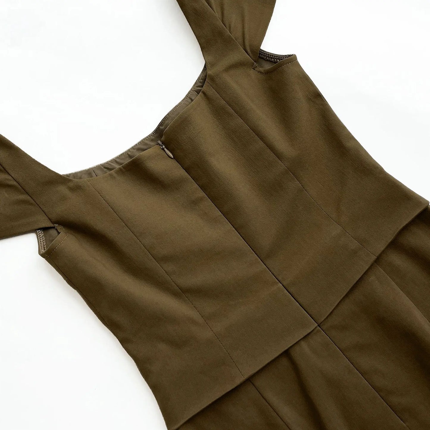 Knee Length Midi Dress Olive Green One Piece Dress Slim Square Neck and Cape Sleeve Office Lady Dress