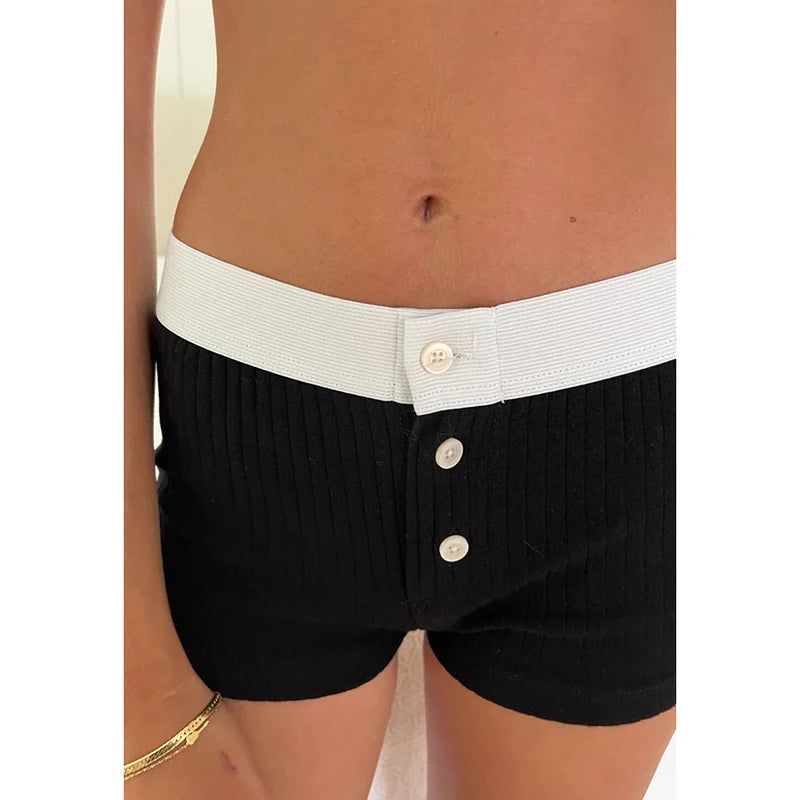 Low Waisted Button Up Mini Shorts Patchwork Slim Bottoms Shorts