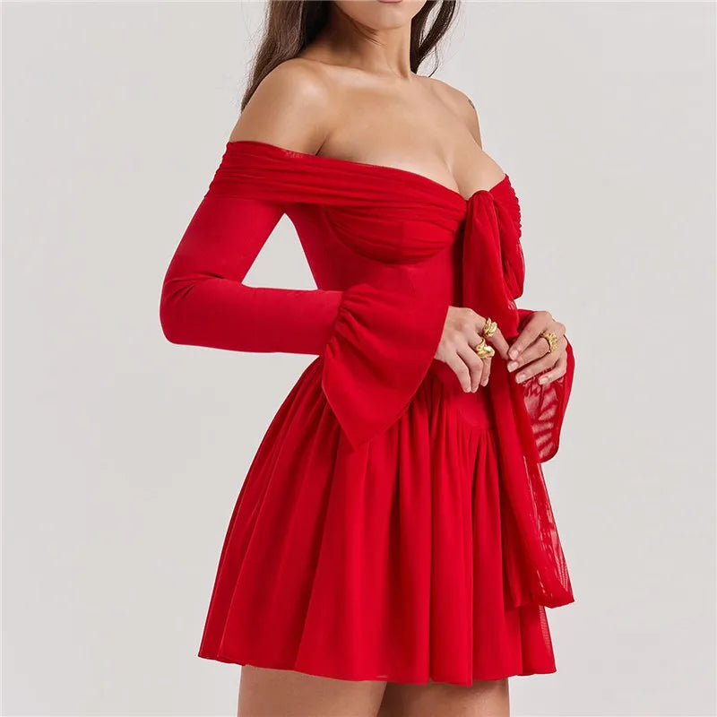 Strapless Backless Mini Dress For Red Off-shoulder Long Flare Sleeve Pleated Dress