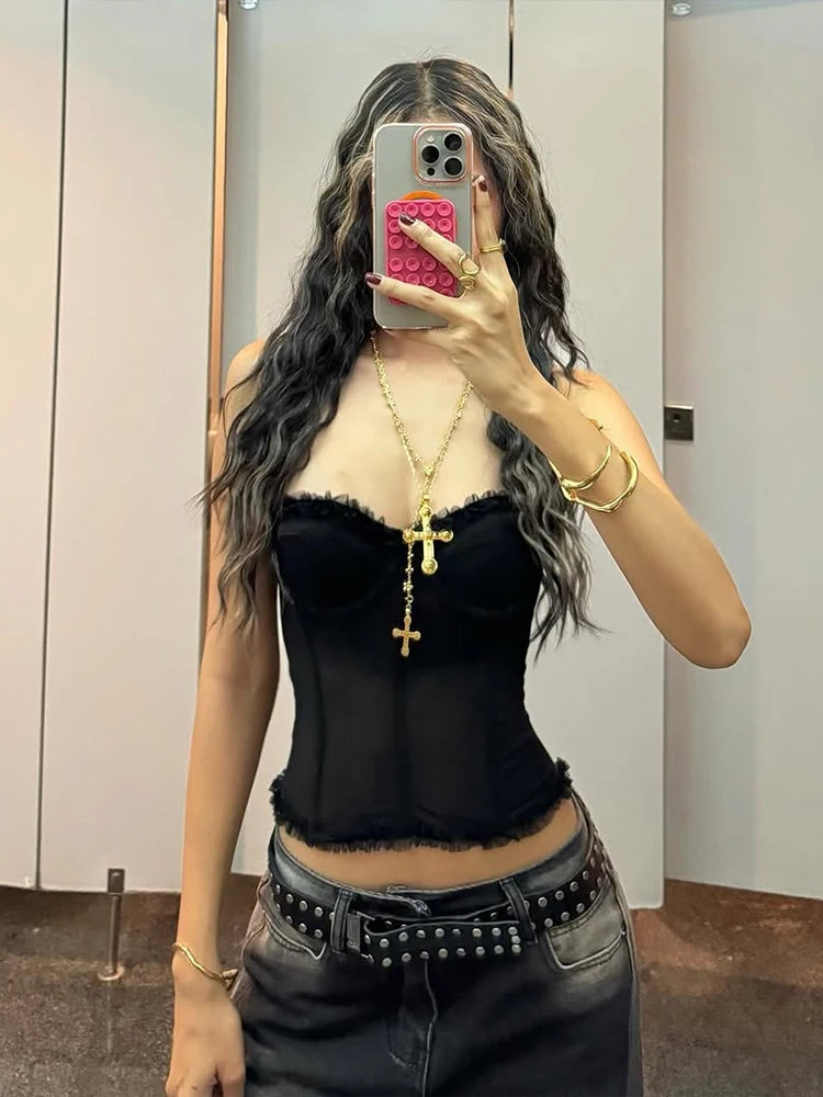 Folds Strapless Top Patchwork See Through Backless Wild Vest