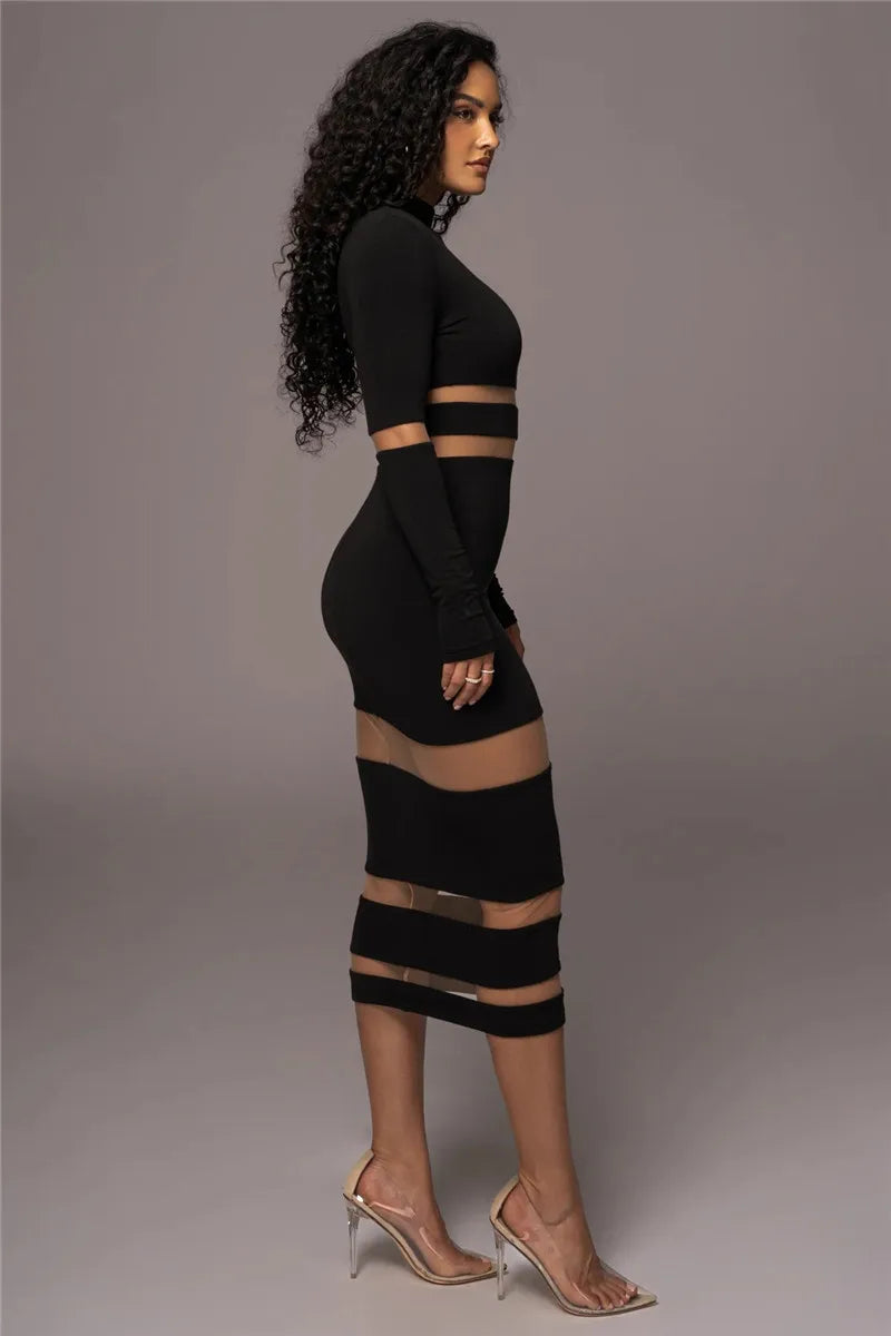 Patchwork Bodycon Midi Dress Turtleneck Long Sleeve Dress